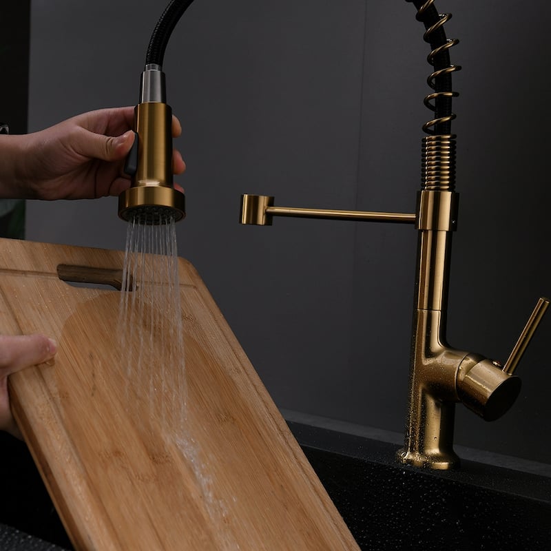 Single Handle Commercial Kitchen Sink Faucet With Pull Down Sprayer Modern Spring Single Hole Basin Taps Brushed Gold