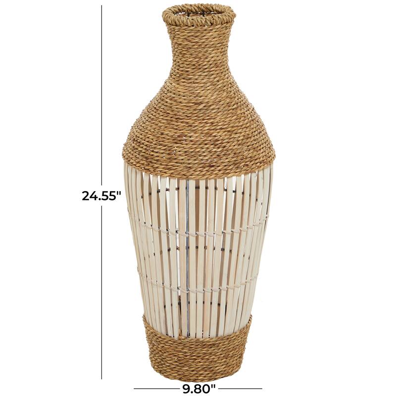 Brown Seagrass Handmade Wrapped Tall Floor Vase with Open Framed Cream Bamboo Center