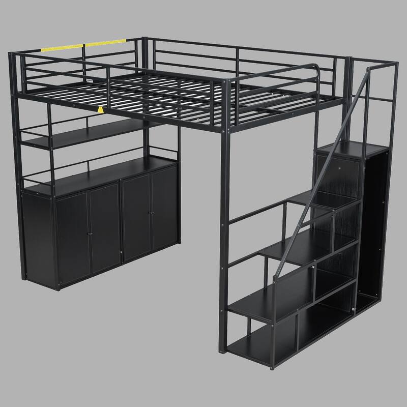 Full Loft Bed with Built-in Wardrobe, Storage Staircase & Shelves, Metal Frame - Black - Full