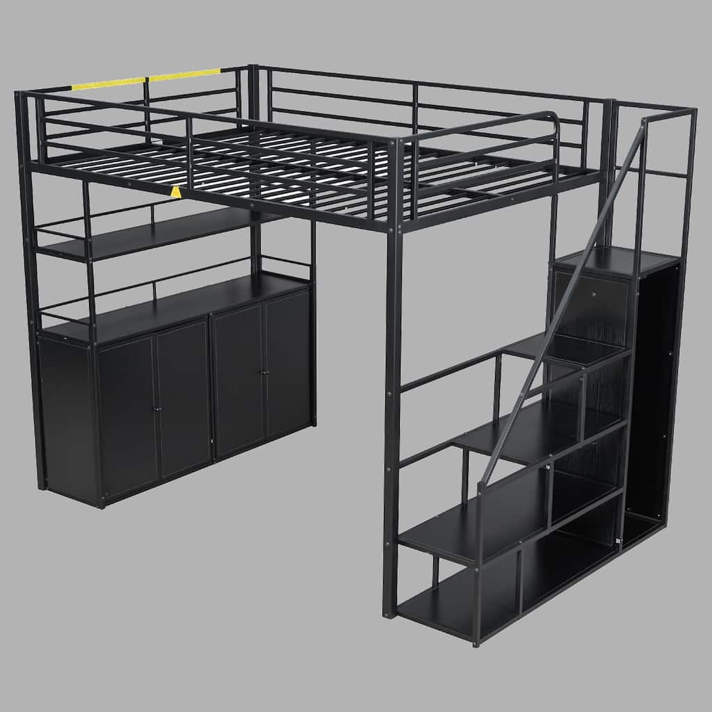 Full Loft Bed with Built-in Wardrobe, Storage Staircase & Shelves, Metal Frame