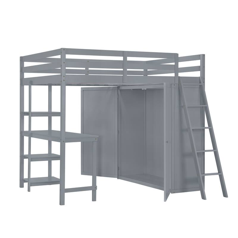 Loft Bed with Wardrobe and Desk and Shelves