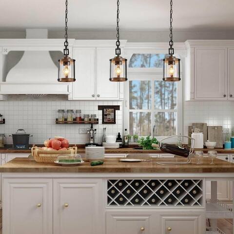 Modern Farmhouse 1-Light Faux Wood Cylinder Glass Pendant Light for Kitchen Island