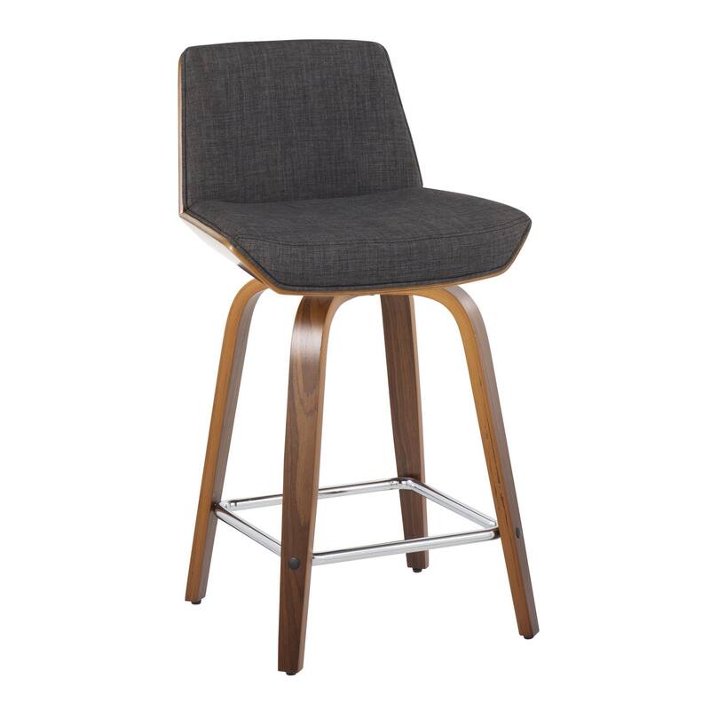 Carson Carrington Clemens 24" Fixed-Height Counter Stool with Bent Wood Legs & Square Footrest (Set of 2) - Charcoal Fabric/Walnut Wood/Chrome Metal