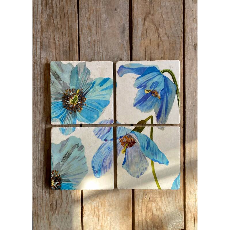 Himalayan Blue Poppies Marble Coaster Set