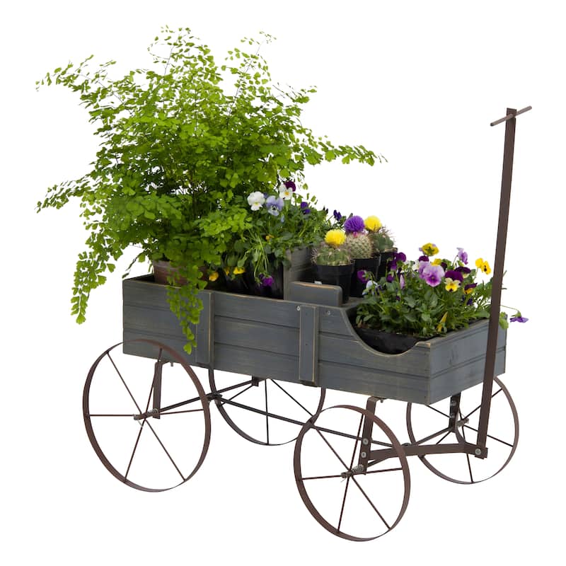 Goldcast Rustic Wagon Garden Planter with Metal Wheels - 41.5" (L) x 13.5" (W) x 15.35" (H) - Grey