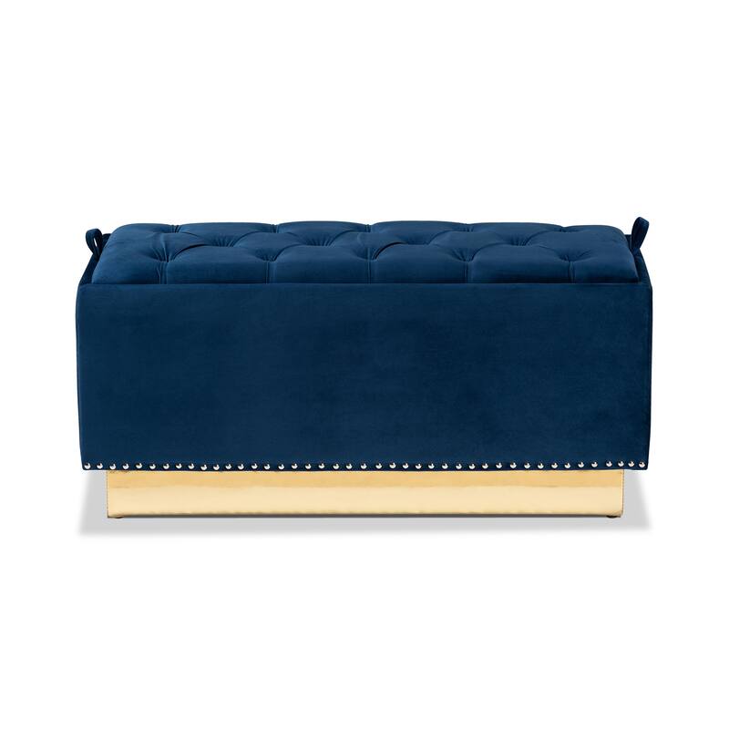 Powell Glam and Luxe Velvet Fabric and Gold PU Leather Storage Ottoman