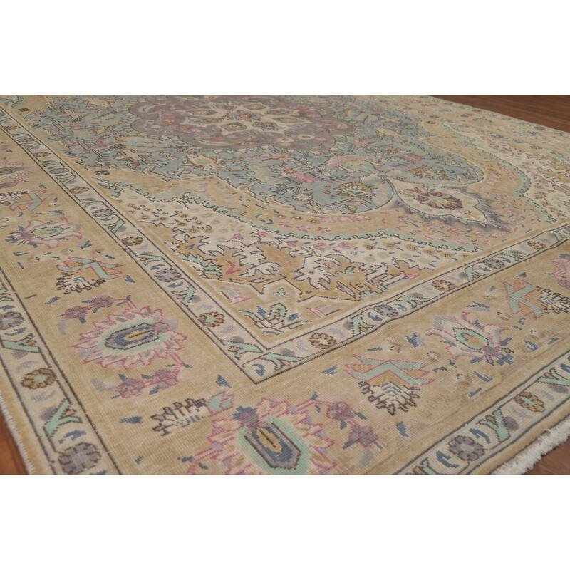 Blue / Medallion Tabriz Persian Vintage Rug Handmade Wool Carpet - 7'11" x 11'1"