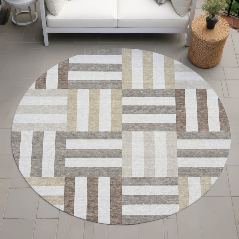 Machine Washable Indoor/ Outdoor Modern Hatch Chantille Rug - Ivory - 8' x 8'