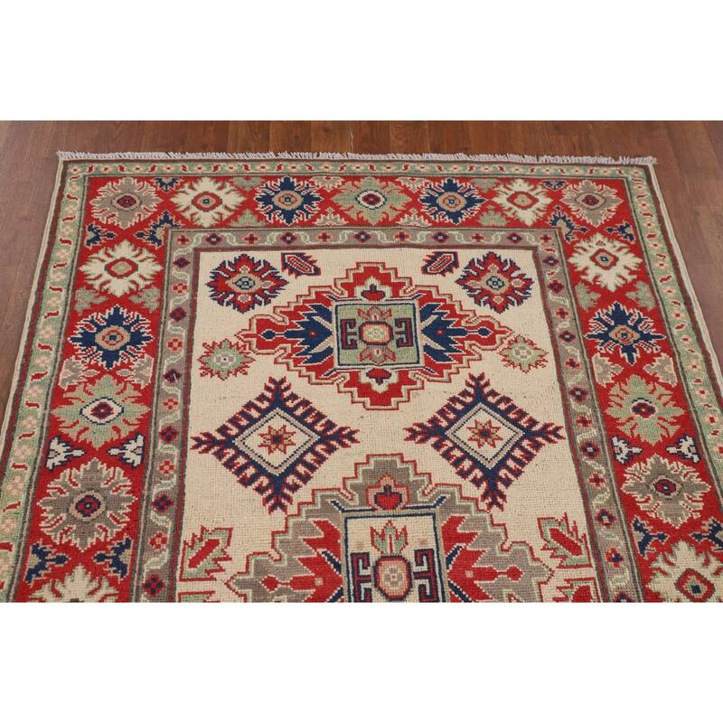Beige / Ivory Kazak Area Rug Hand-Knotted Oriental Wool Carpet - 3'9" x 5'10"