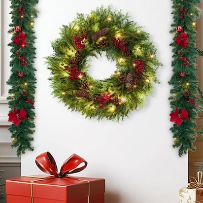22 Inch Christmas Wreath Front Door, Pre-Lit Xmas Wreath with Red Berries - N/A