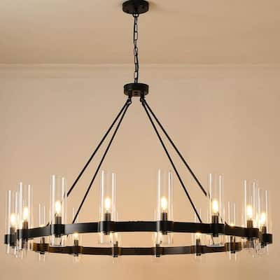 48" 16-Light Gold Chandelier, Wagon Wheel Chandelier with Glass Shade, Modern Farmhouse Chandelier for Foyer, Entryway, Dining