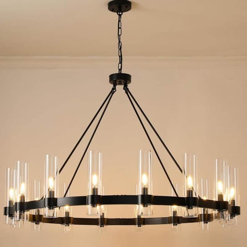 KAYLA 48" 16-Light Gold Chandelier, Wagon Wheel Chandelier with Glass Shade, Modern Farmhouse Chandelier - 48in