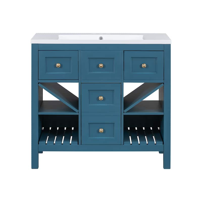Bathroom Vanity with Resin Top Sink, Bathroom Storage Cabinet with 5 Drawers, Bathroom Vanity Set with 4 Open Shelves