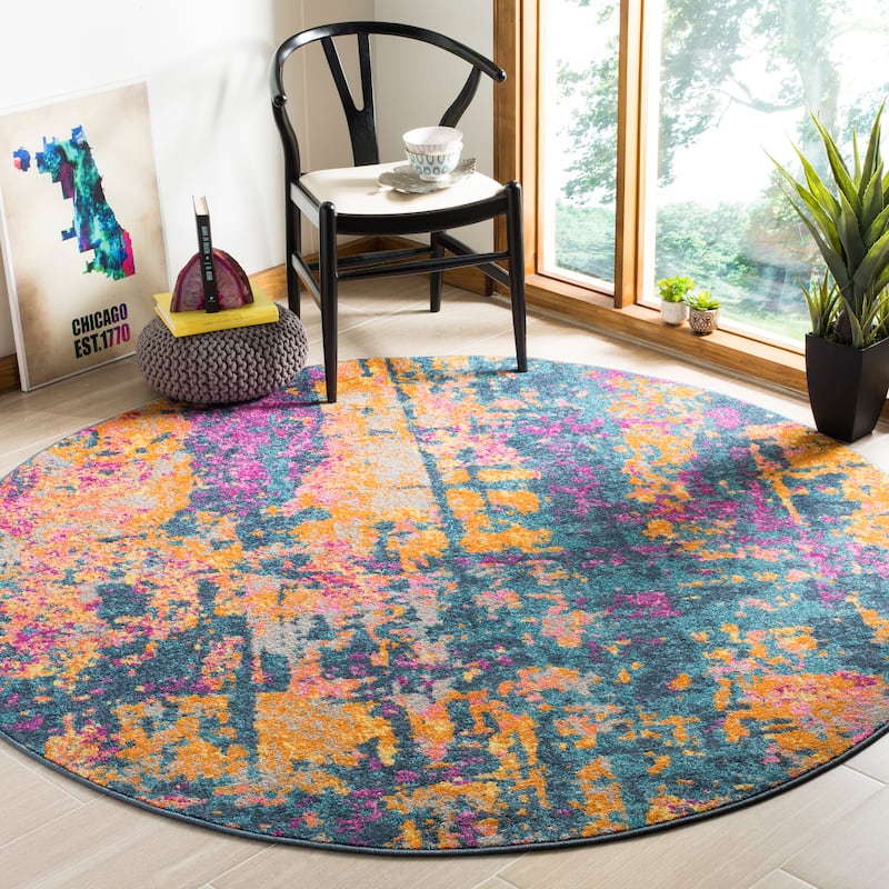 SAFAVIEH Madison Velia Vintage Boho Oriental Rug - 6'7" Round - Blue/Orange