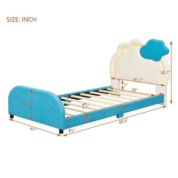 Twin Size Bed Frame with Cloud-Shaped Headboard & Embedded Light Stripe, Velvet Upholstered Platform Bed with Slat Support, Blue