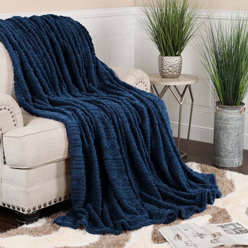 Superior Arctic Boho Jacquard Plush Fluffy Fleece Blanket - Throw - Navy Blue
