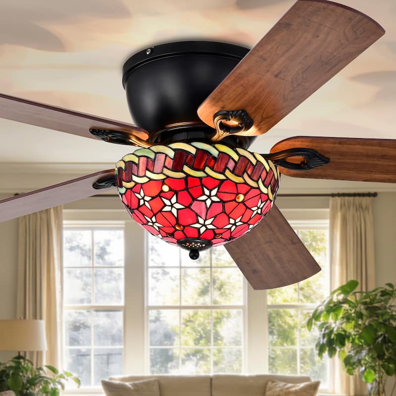 Chergo 52-Inch Flushmount Lighted Ceiling Fan Red Flower Tiffany Glass Lamp Black Finish