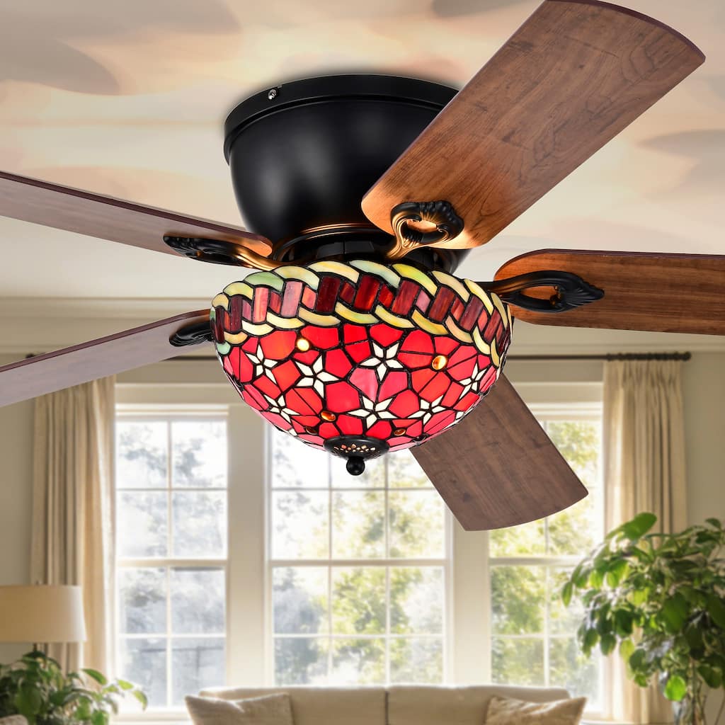 Chergo 52-Inch Flushmount Lighted Ceiling Fan Red Flower Tiffany Glass Lamp Black Finish