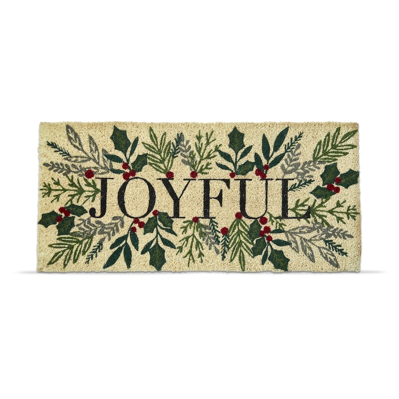 18" x 40" Christmas Holly Berries Branch Sprigs "Joyful" Estate Coir Door Mat
