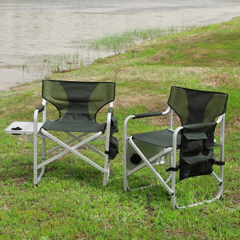 2-piece Padded Folding Outdoor Chair with Side Table and Storage Pockets