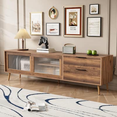 70" TV Console with 2 Glass Doors, Entertainment Center with 2 Drawers & Storage Cabinet