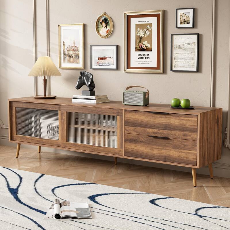 Modern TV Stand Media Console, for 75"+ TVs with 2 Glass Doors, 2 Drawers and Storage Cabinet, for Living Room, Bedroom