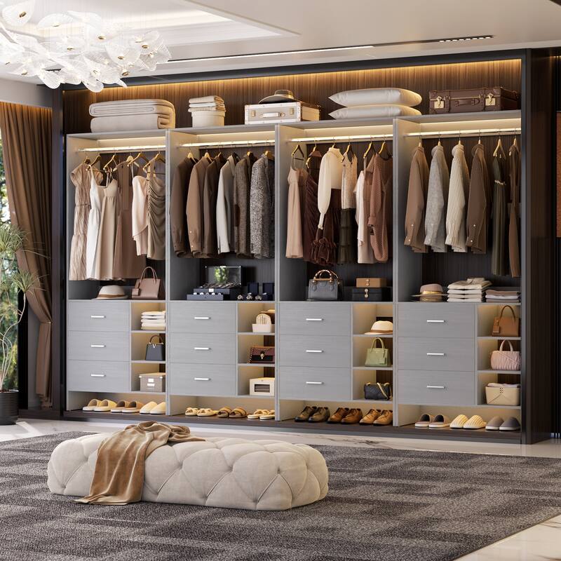 Cimly 30'' W Freestanding Closet System with Hanging Rod, Closet Organizer with Drawers and Shelves - 4pcs - Grey