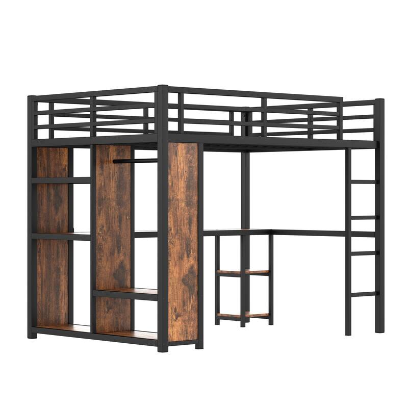 Queen Size Metal Loft Bed with Wardrobe, Desk, and Storage Shelves