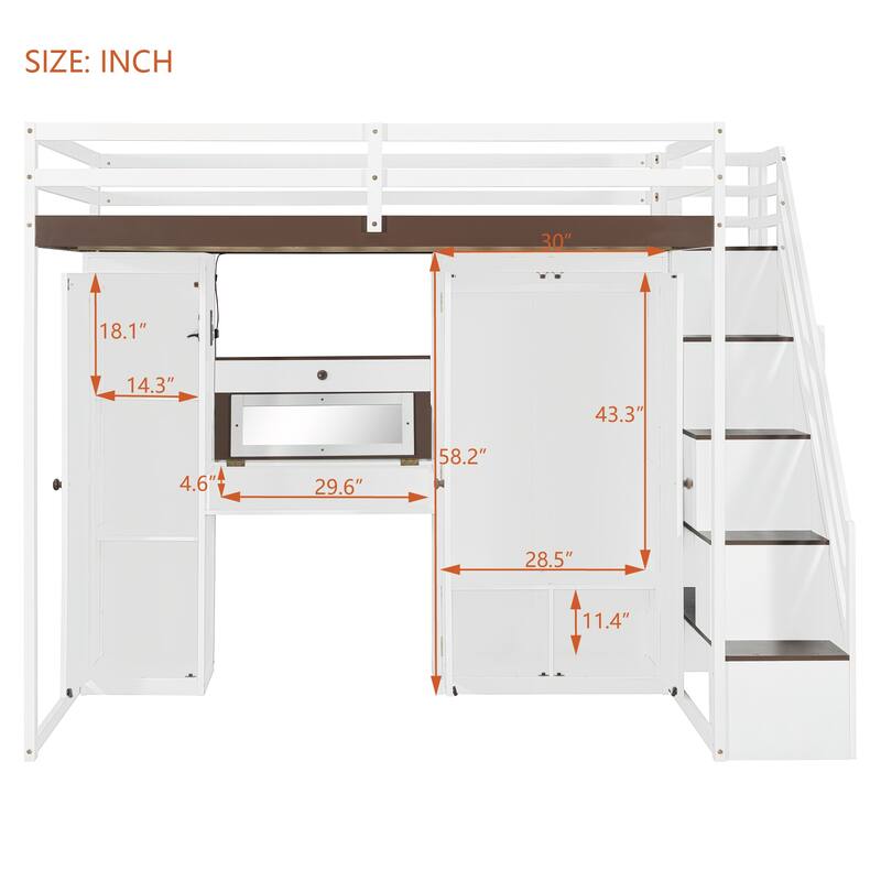 Full Size Loft Bed Frame for Kids with Storage Staircase, Wardrobe, Cabinets, USB, LED and Dressing Table with Mirror and Drawer