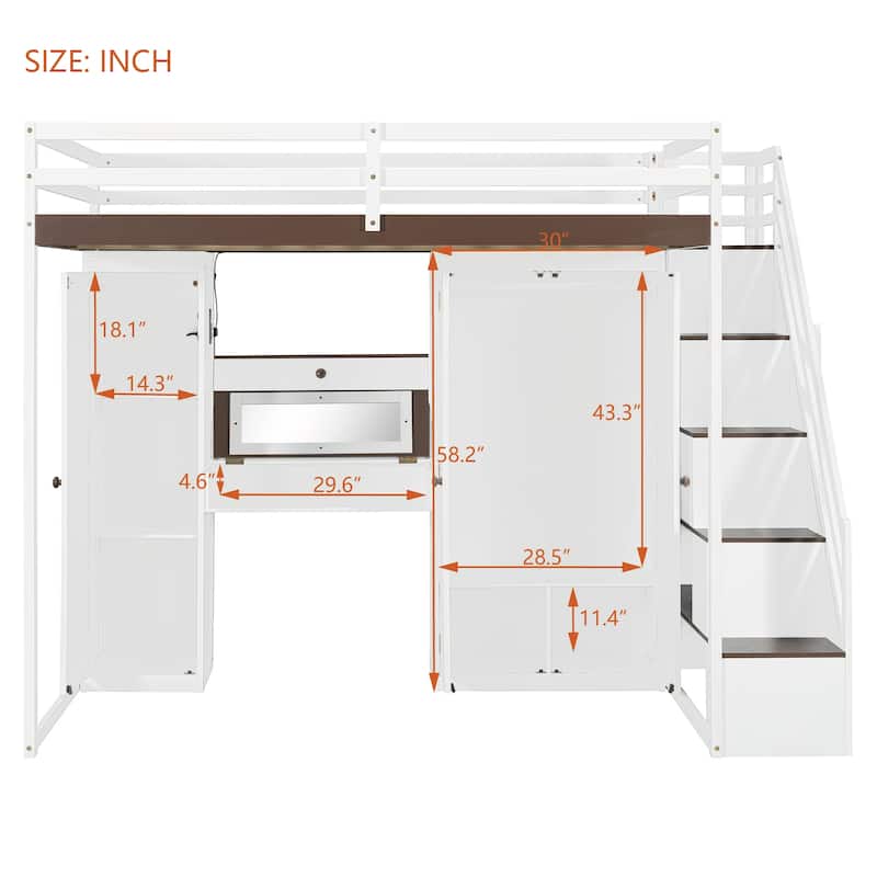 Full Size Loft Bed with Storage Staircase, Built-in Dressing Table, Mirror & Wardrobe - USB Charging & Lights