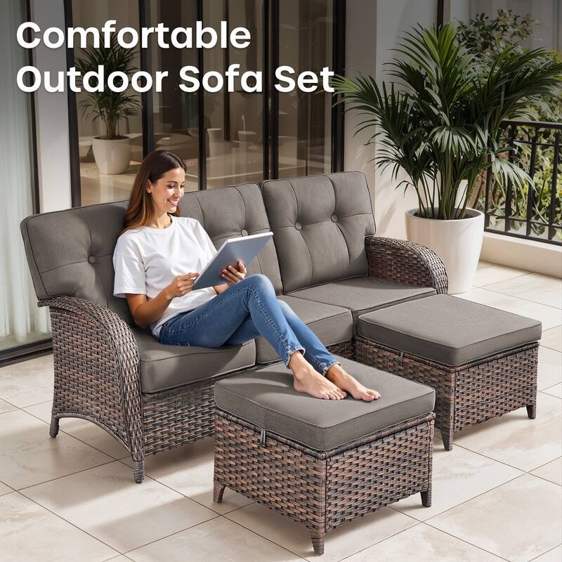 Gymojoy 3-Piece Outdoor Wicker Patio Furniture Set, 5" Thick Cushioned Rattan Sofa with Ottomans