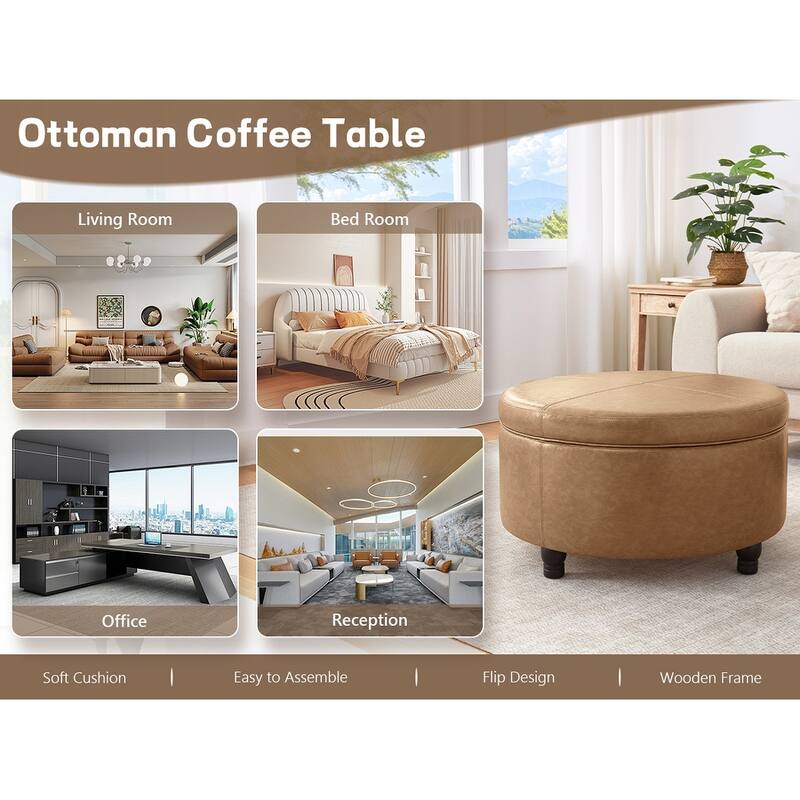 Faux Leather Round Storage Ottoman