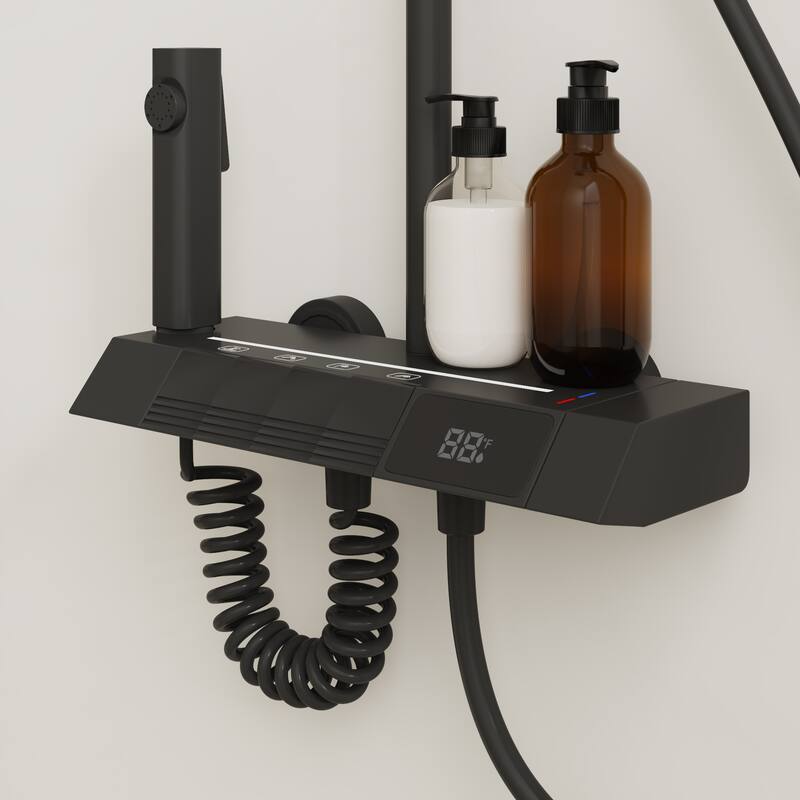 Shower Panel System with LED Digital Display, 4-Button Piano Key Control, 3-Mode Handheld & Rainfall Shower Head