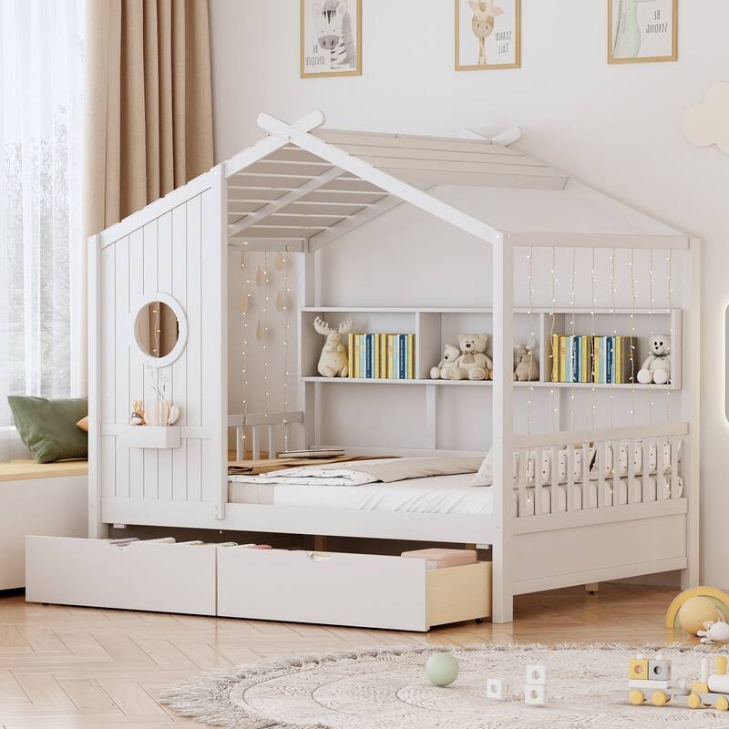 Full Size Wooden House Bed with 2 Drawers, Storage Shelf
