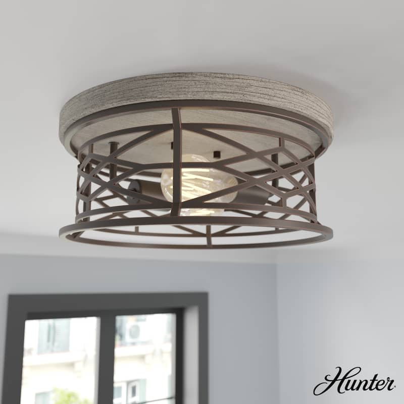 Hunter Langwood Modern 2-Light Flush Mount Ceiling Light - Entry, Living Room - Cage - Damp Rated - 13.25" - Onyx Bengal-Barnwood