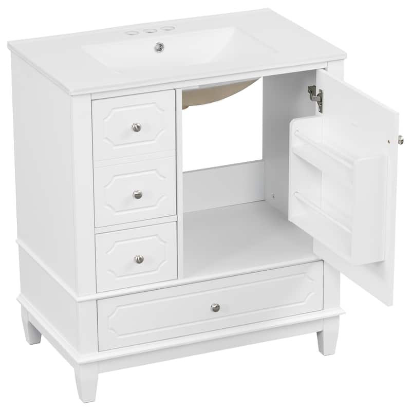 30" Bathroom with Sink,Cabinet with Basin,Wood Frame,Soft-Close Door,3 Drawers,Painted MDF & Rubber Wood,Shelves Included