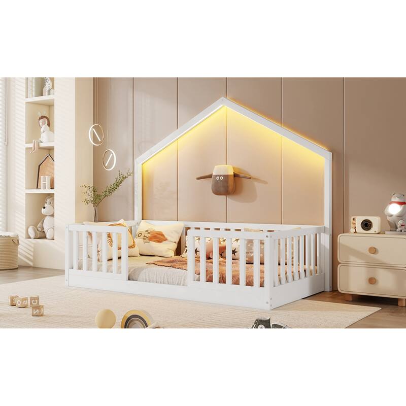 Roomfitters Twin/Full Floor Platform Bed, House Frame and LED Light with Wooden High Rails for Bedrooms or Guest Rooms