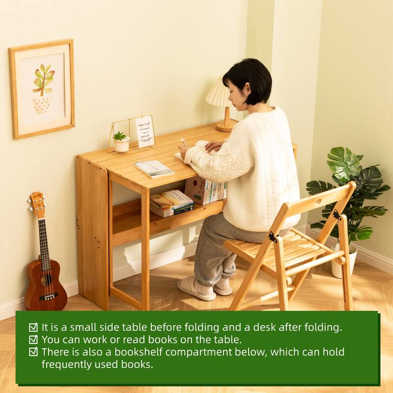 Bamboo Folding Desk for Small Spaces, Space-Saving Computer Table for Home Office & Dorm