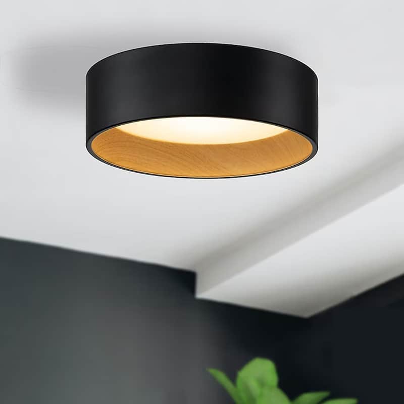 C Cattleya Black and Woodgrain 3CCT Integrated LED Flush Mount Ceiling Light - 13-inch - Woodgrain
