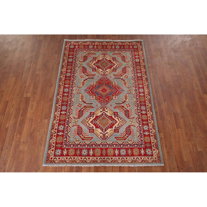 Hand Knotted Oriental 100% Wool Carpet Traditional Geometric Navy Blue & Blues Kazak Area Rug - 5' 10'' X 4' 0''