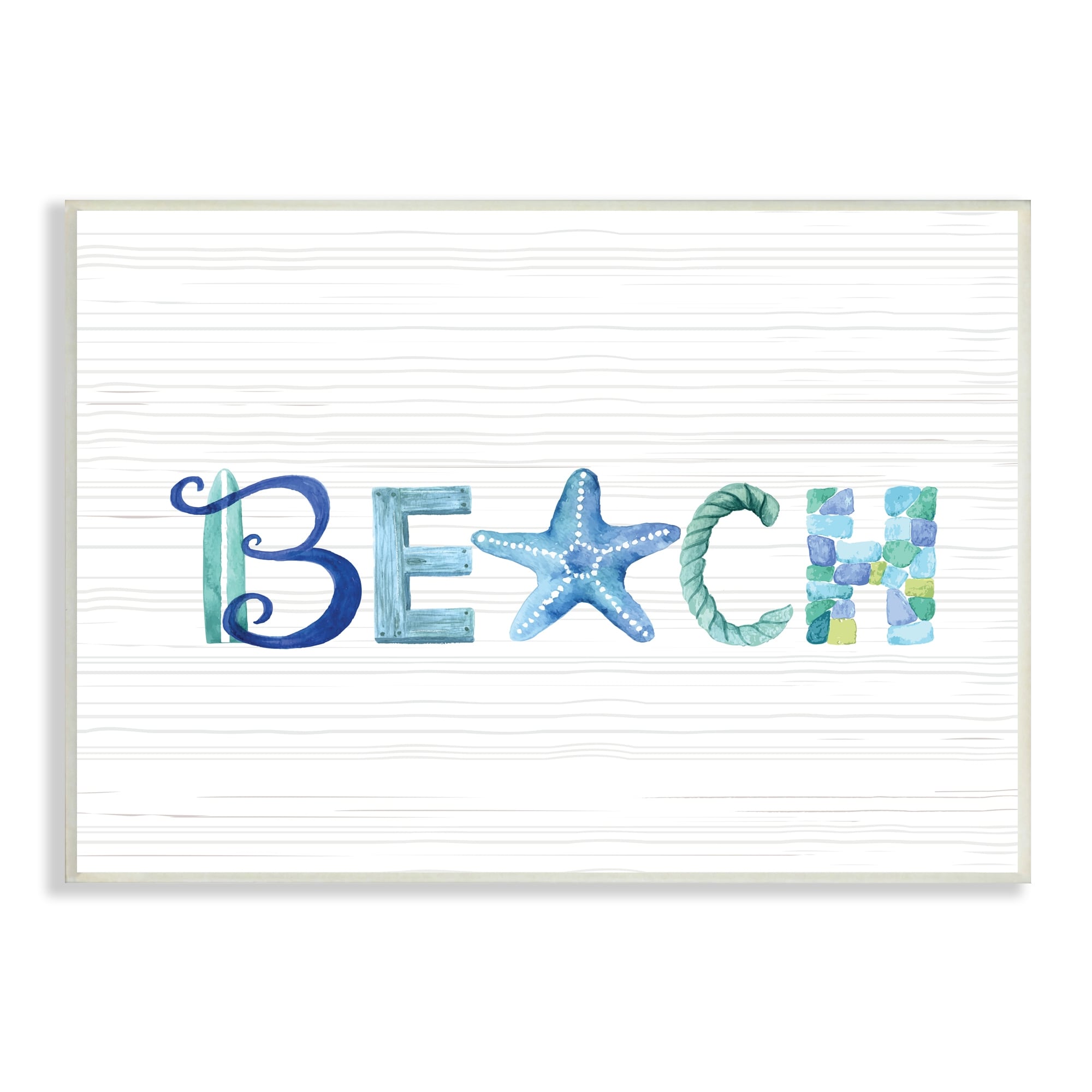 Stupell Beach Letters Typography Sea Life Pebbles Rope Wood Wall
