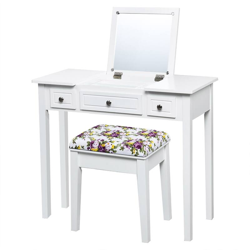 Vanity Set with Bench Dressing Table with Flip Top Mirror - White
