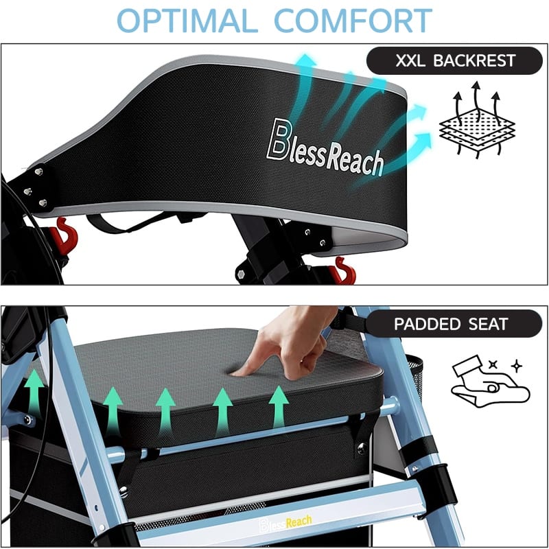 Foldable Rollator Walkers with Seat for Seniors, 450 lb Capacity, 8" Wheels, 18" Big Seat, 6-Position Adjustable Height
