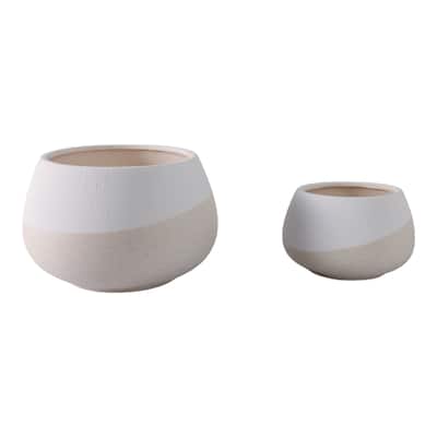 Stoneware Ceramic Planters Two-Tone Design (Set of 2) - 12" x 12" x 8"