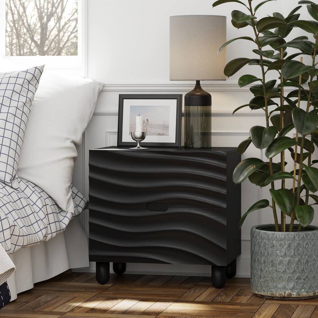 COZAYH Contemporary Wooden Nightstand Featuring 3D Wave Fronts, Modern Storage Dresser with Groove Handles