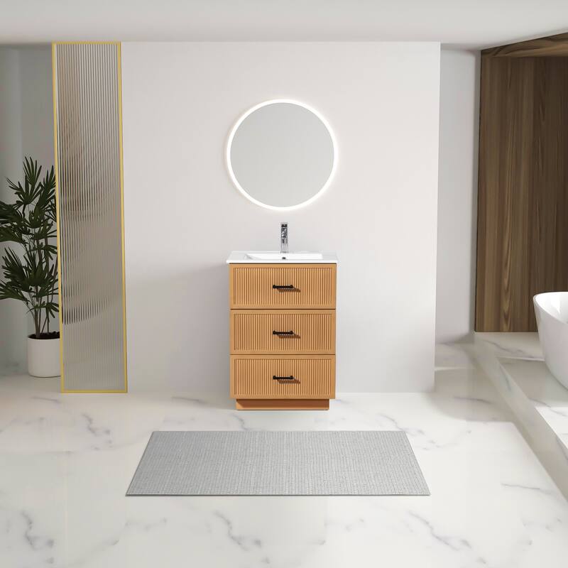 30" Freestanding Bathroom Vanity with Ceramic Sink and 2 Storage Drawers, Stylish Gray Floor Cabinet