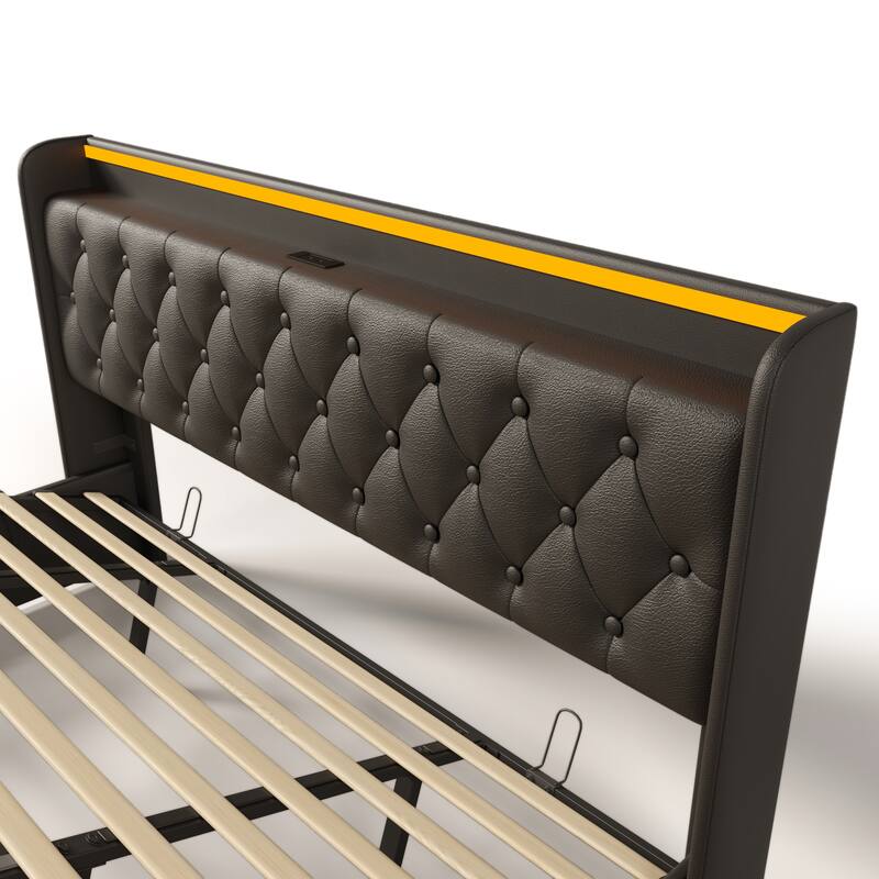 Metal Frame Storage Bed LED PU Upholstered Platform Bed, King