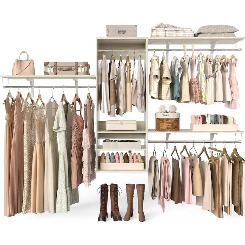 Rackcog 96'' Hanging Closet System with 3 Shelving Towers and 3 Hanging Rods,Wall-Mounted Walk-in Closet Organizer