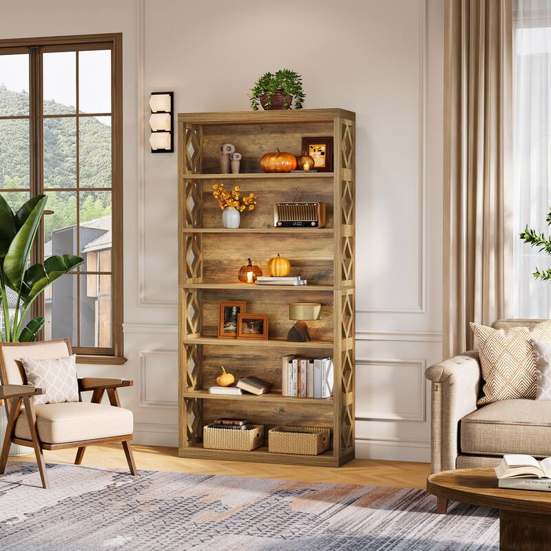 7-Tier Brown Wood Bookshelf, Floor Standing Open Display Storage Shelves