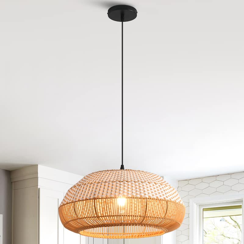 18.9" Boho White Hand Woven Rattan Caged Pendant Light for Kitchen Island, Dining Room and Living Room